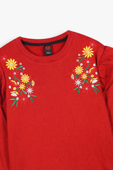 Girls Red Fleece Sweatshirt with Floral Embroidery & Ruffle Shoulders